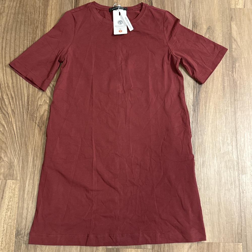 NIP Merokeety Women's‎ Wine Red Casual Short Sleeve Dress With Pockets Sz Small